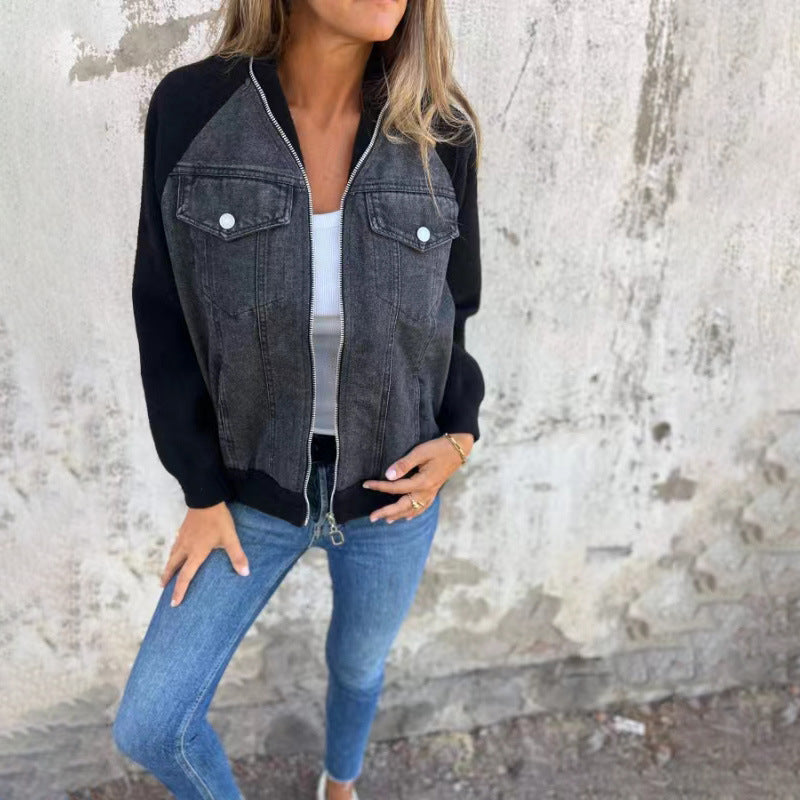 Fashion Denim Patchwork Jacket Casual Hooded Zipper Jacket Women's Clothing chicpolly