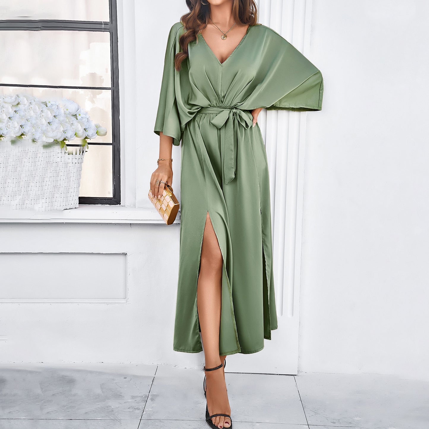 Fashion Bat Sleeve Long-sleeved V-neck Dress With Split Design Temperament Loose High Waist Lace-up Long Dresses Women Clothing chicpolly