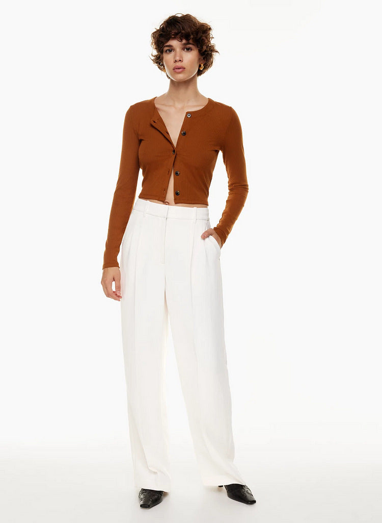 High Waist Straight Trousers With Pockets Wide Leg Casual Pants For Women chicpolly