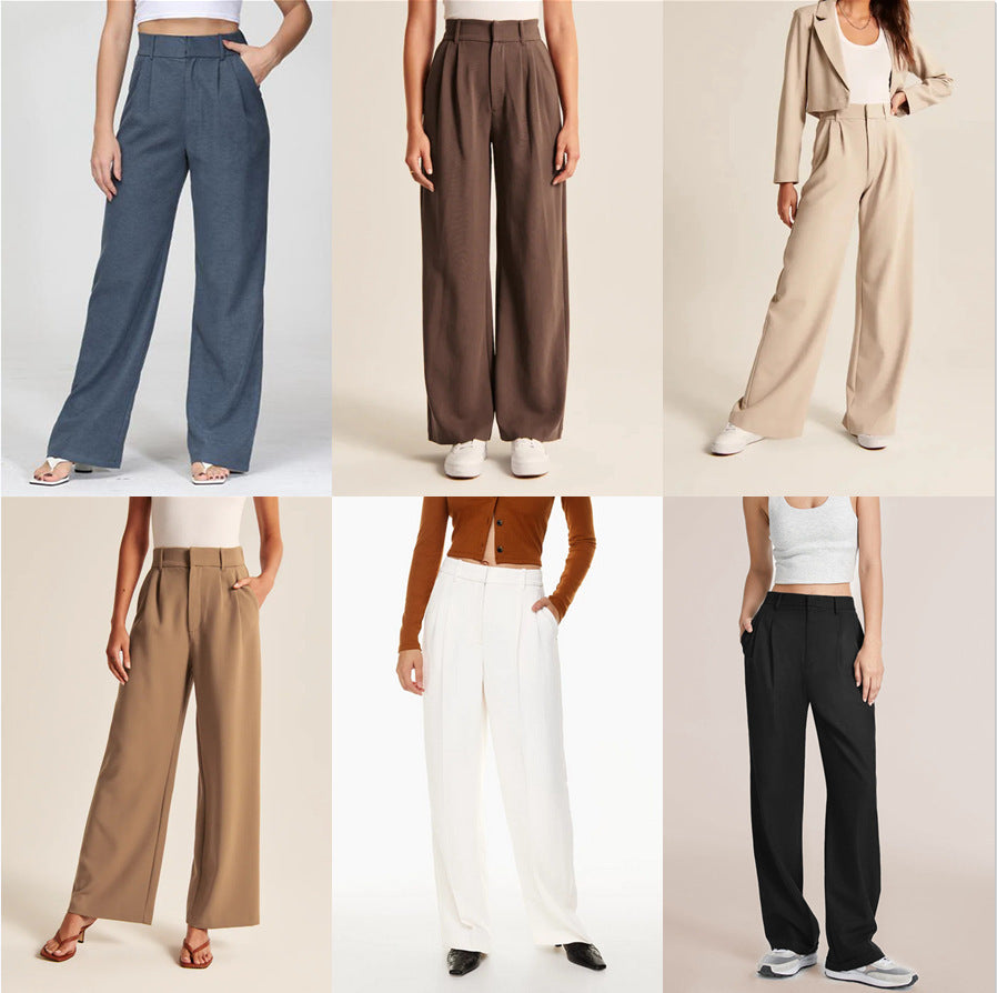 High Waist Straight Trousers With Pockets Wide Leg Casual Pants For Women chicpolly