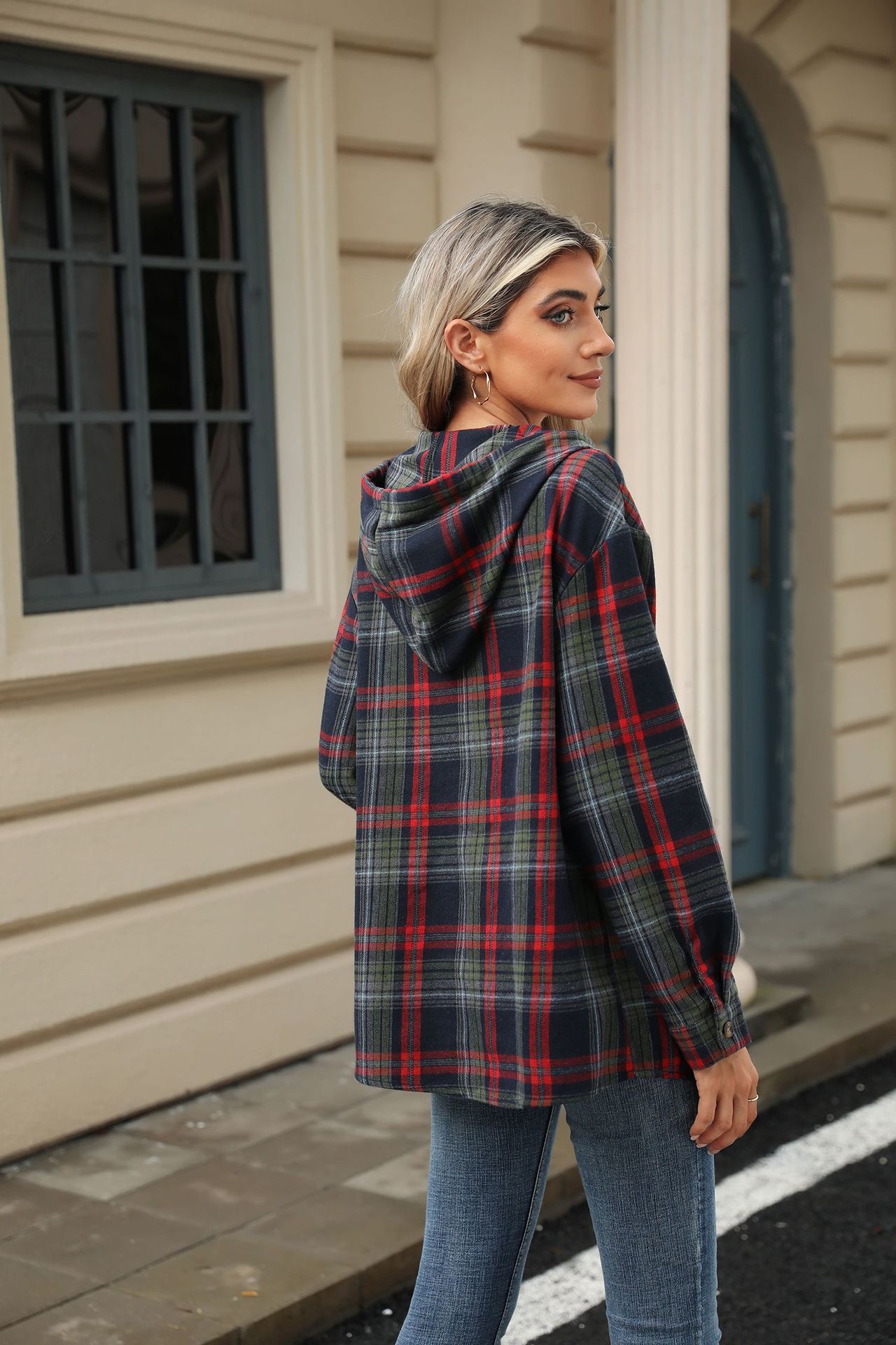 Fashion Plaid Hooded Sweatshirt With Button Loose Long Sleeve Hoodies chicpolly