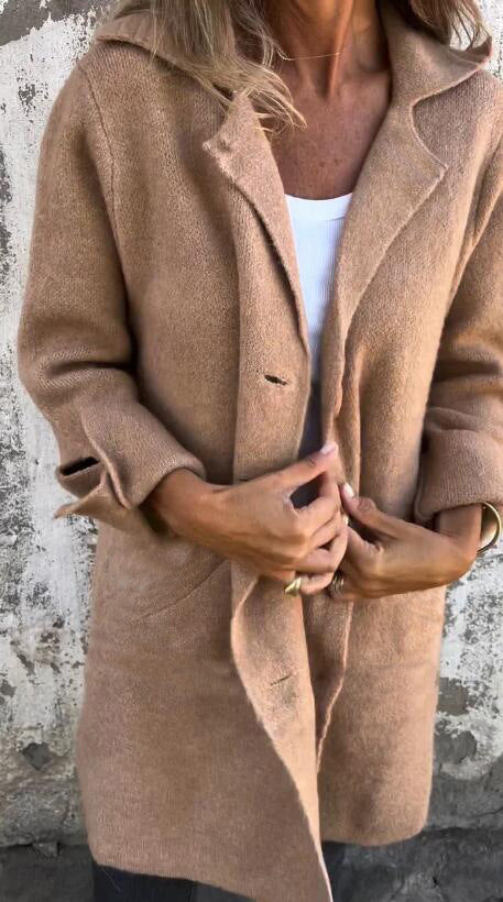 Lapel Single Breasted Cardigan With Pockets Fashion Color Solid Mid-Length Outwear Coat Womens Clothing chicpolly
