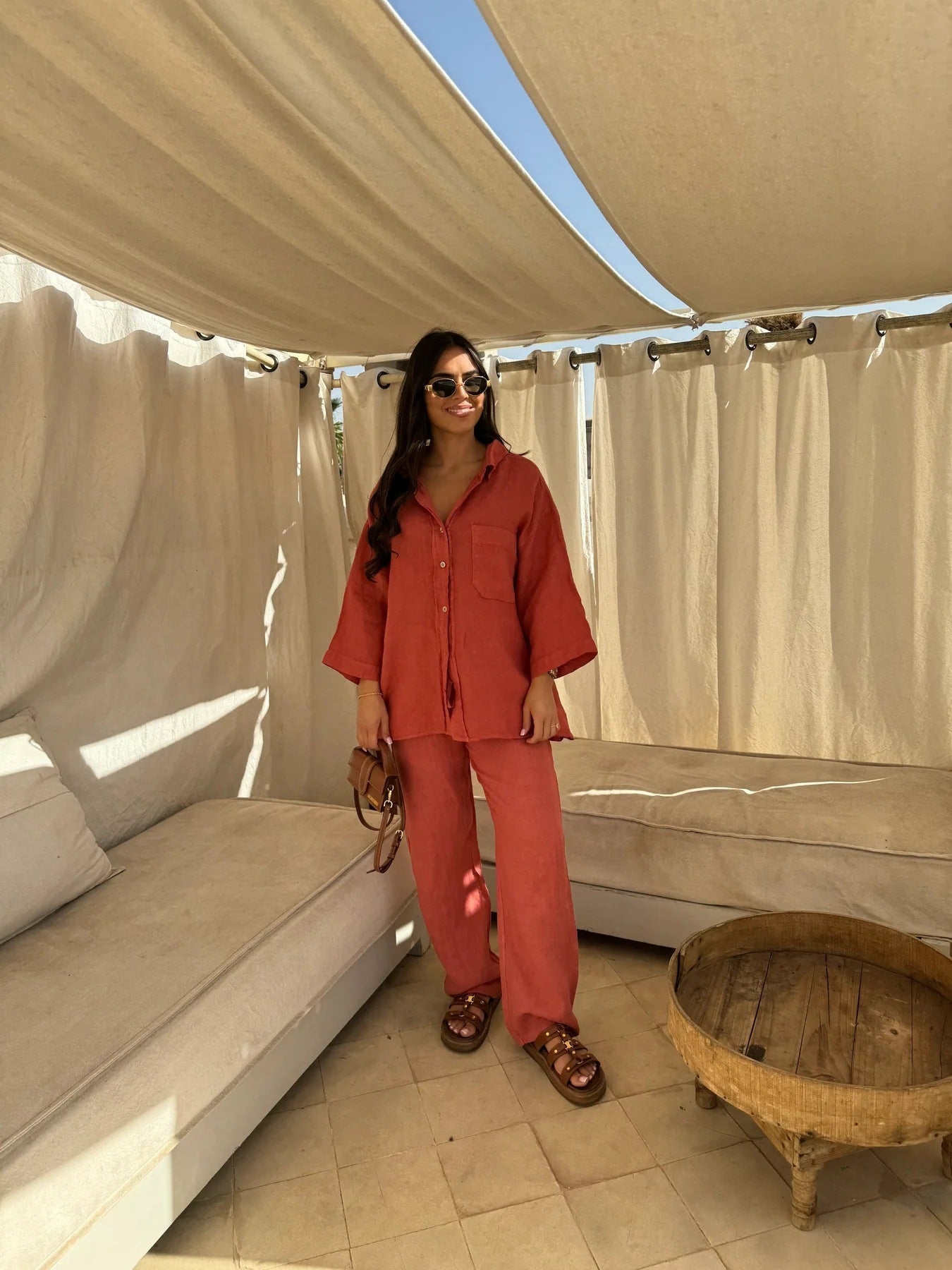 Casual Polyester Pocket Shirt Pants Suitable For Women's Wide Leg Pants, Long Sleeved Shirt Set, Women's Loose High Street Two-piece Set chicpolly