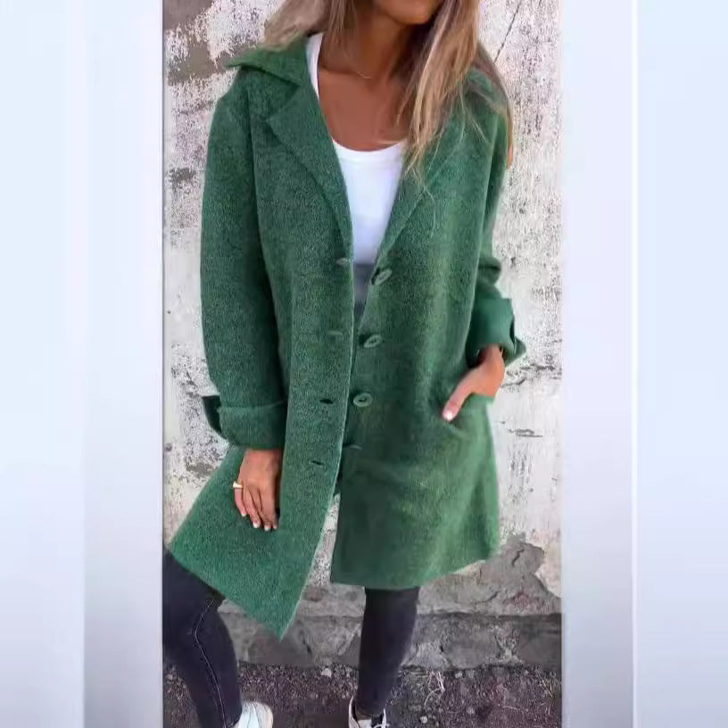 Lapel Single Breasted Cardigan With Pockets Fashion Color Solid Mid-Length Outwear Coat Womens Clothing chicpolly