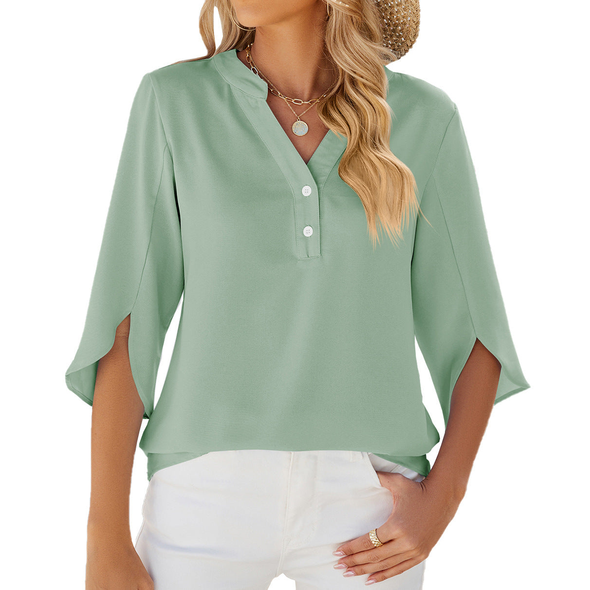 Button V-neck Mid-sleeve Chiffon Shirt Solid Color Top Womens Clothing chicpolly