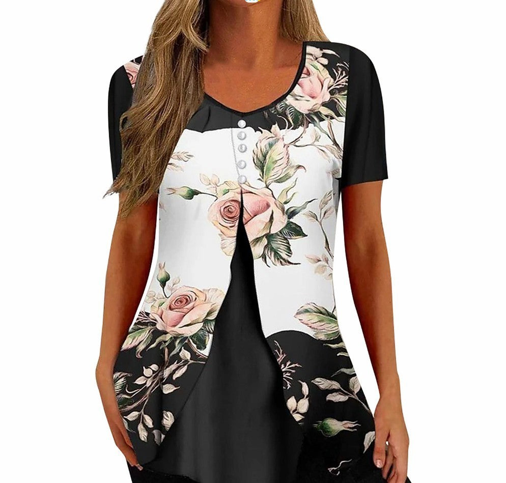 Fashion Printed Casual Short Sleeve Fake Two-piece T-shirts Women chicpolly