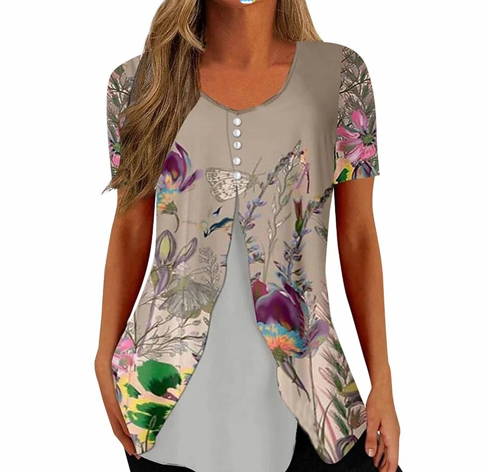 Fashion Printed Casual Short Sleeve Fake Two-piece T-shirts Women chicpolly