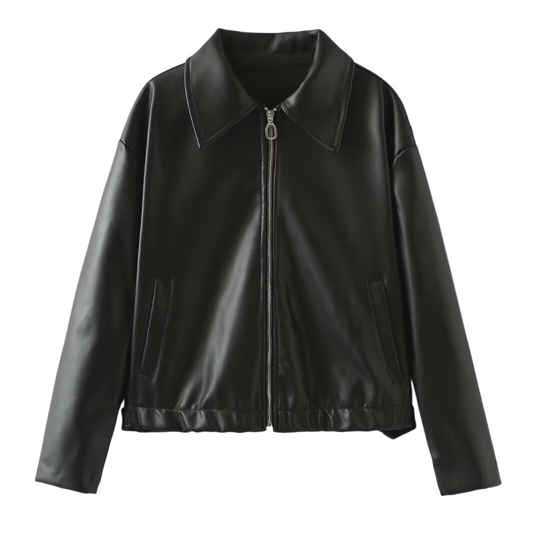 Solid Color Lapel Zipper Jacket Fashion Casual Long Sleeve Leather Coat Tops Women Clothing chicpolly
