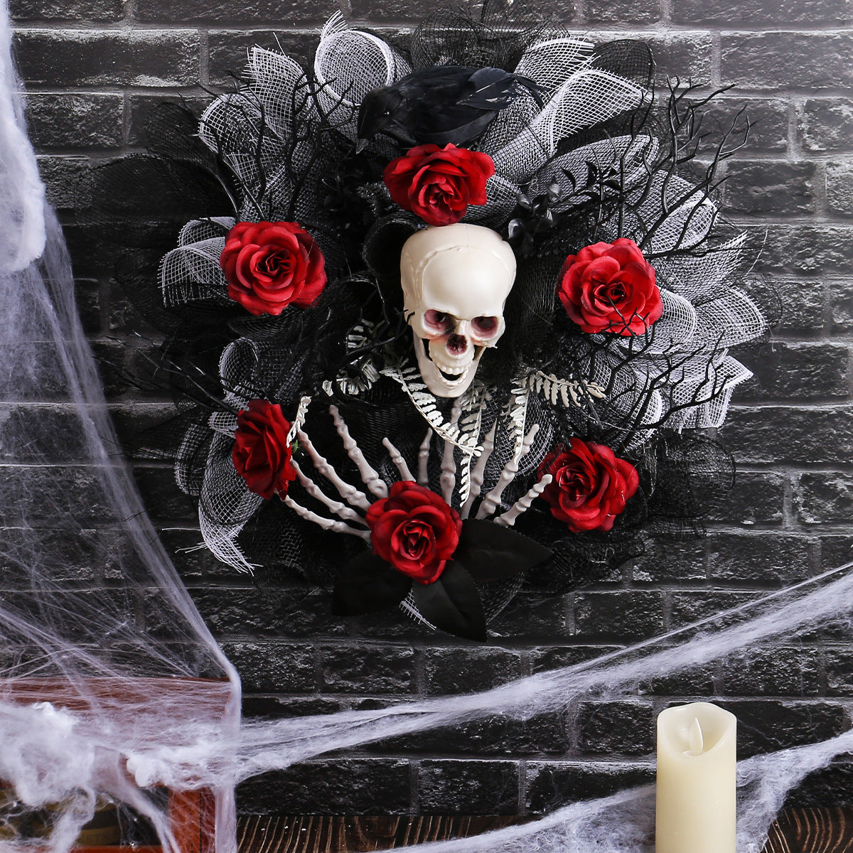 Halloween Red Rose Skull Mesh Garland Door Hanging Decoration chicpolly