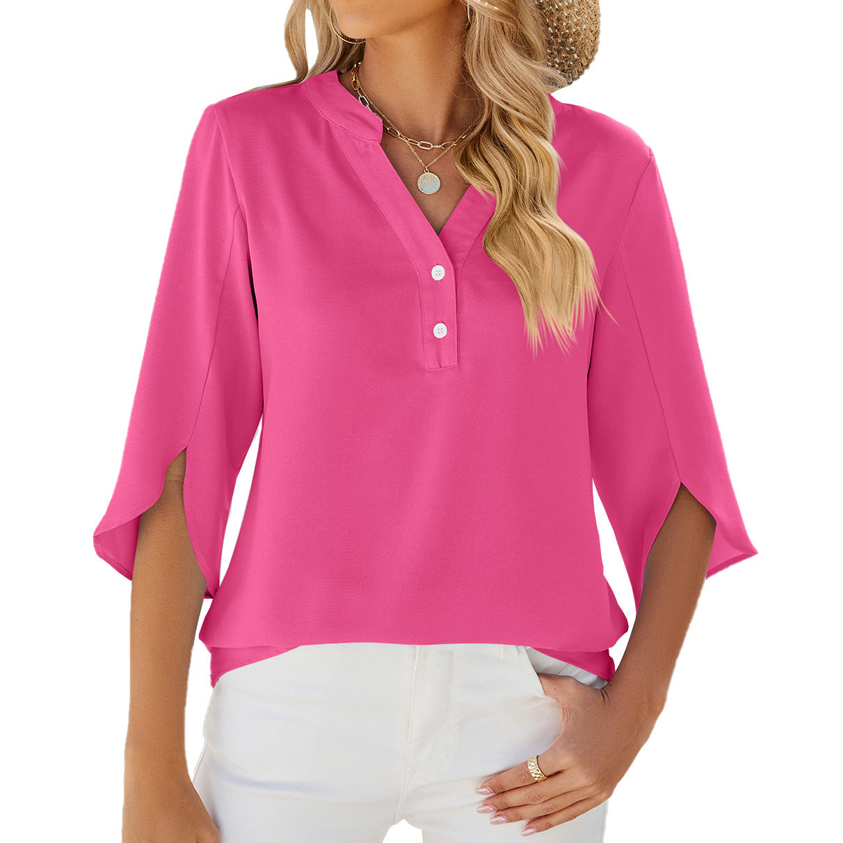 Button V-neck Mid-sleeve Chiffon Shirt Solid Color Top Womens Clothing chicpolly