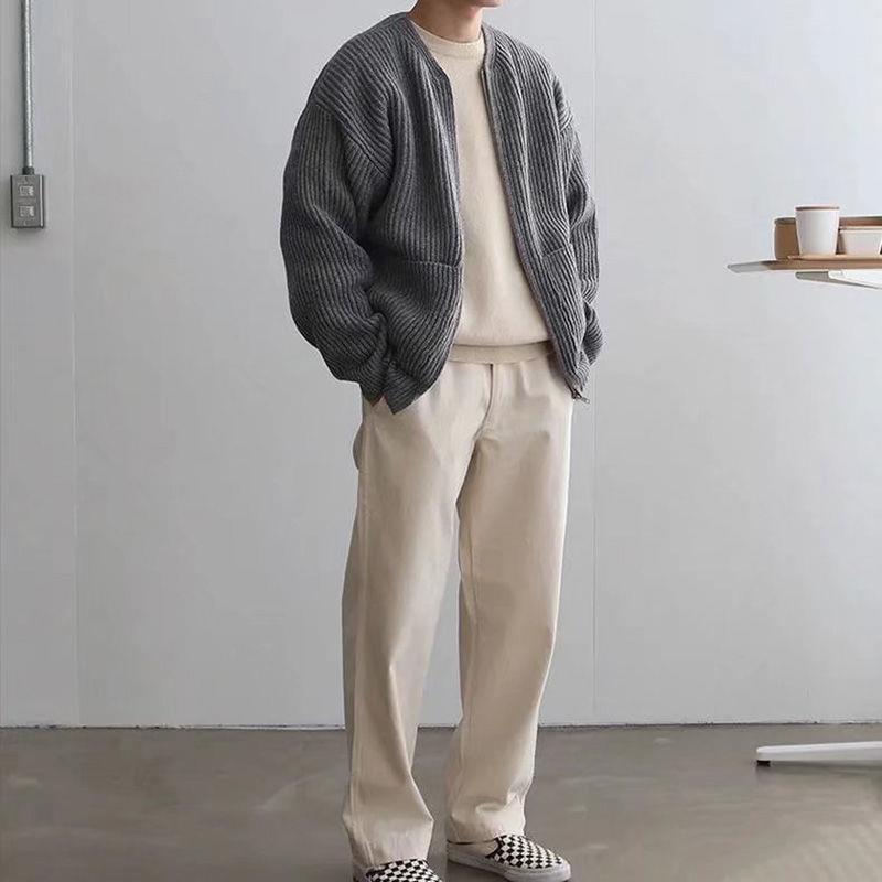 Men Zip Up Knitted Cardigan Lined Funnel Neck Jumper Sweater Pockets Coat All Seasons Comfortable Soft Long Sleeve chicpolly