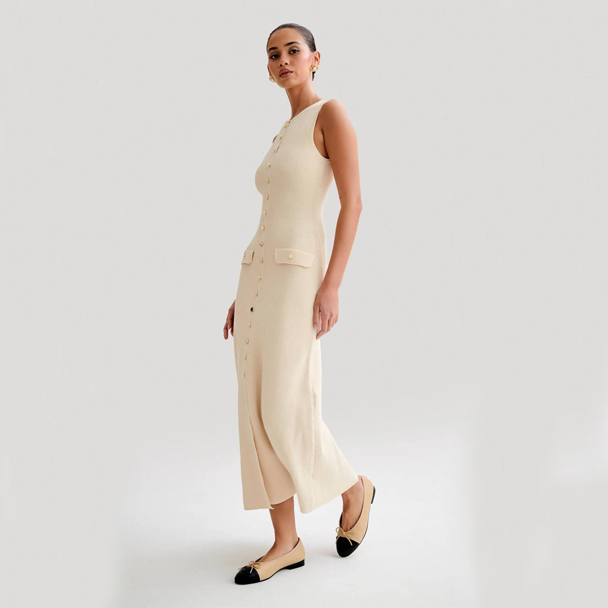 Elegant Knitted Sleeveless Dress With Single Breast Fashion Slim Round Neck Long Dresses Womens Clothing chicpolly