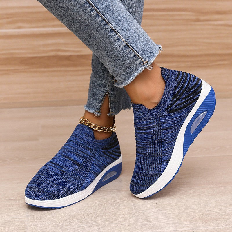 New Stripe Design Mesh Shoes Fashion Slip On Air Cushion Shoes Breathable Round-toe Flats Women chicpolly