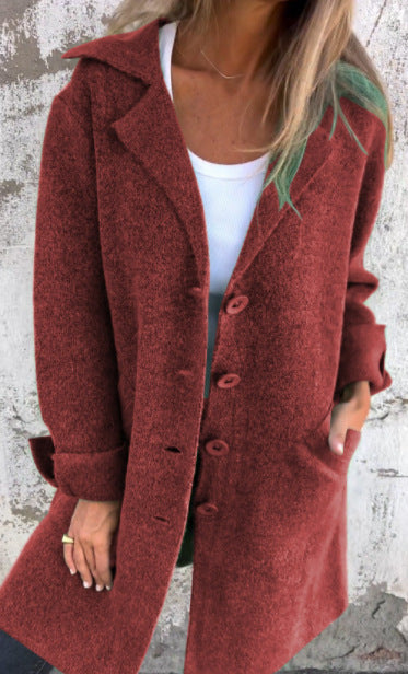 Lapel Single Breasted Cardigan With Pockets Fashion Color Solid Mid-Length Outwear Coat Womens Clothing chicpolly