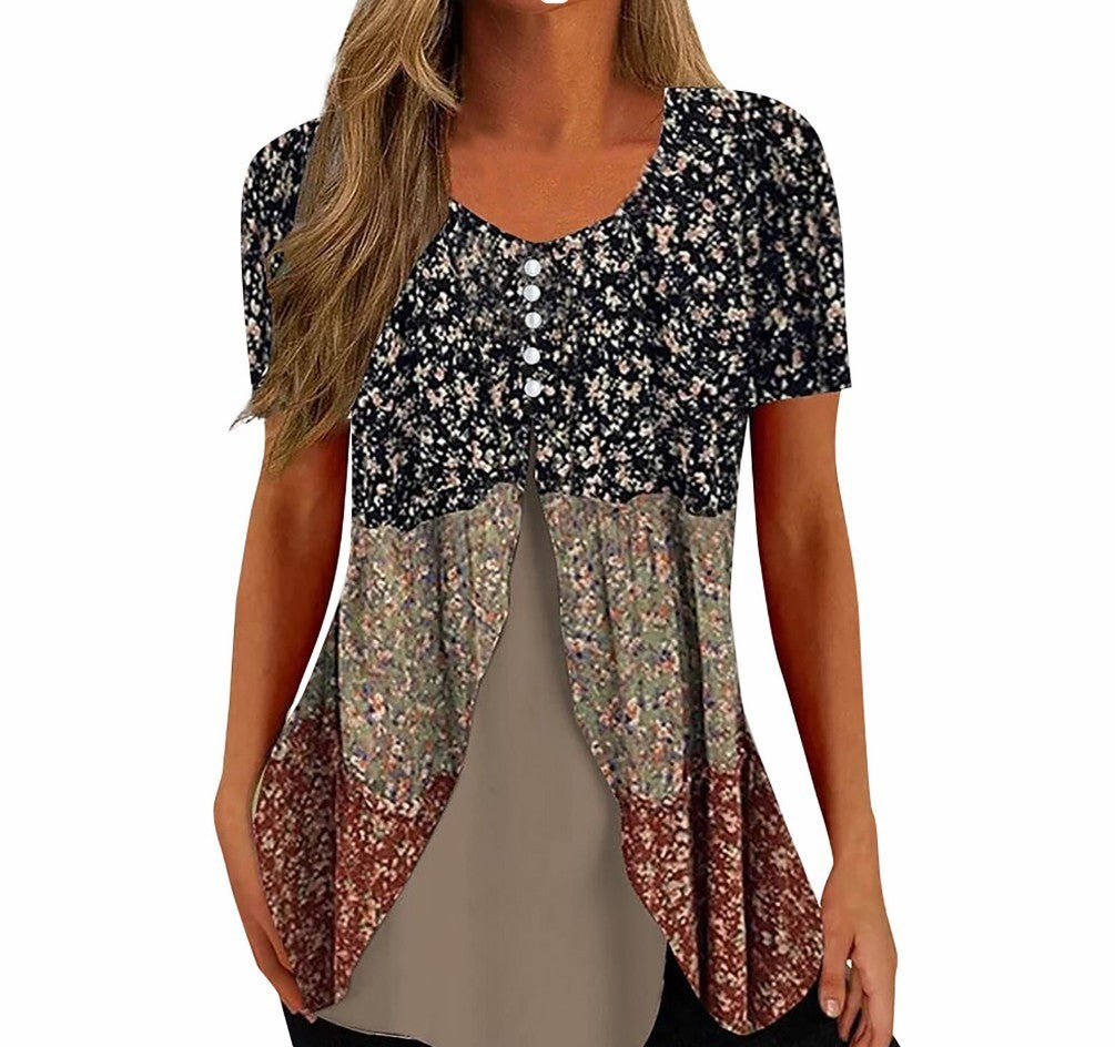 Fashion Printed Casual Short Sleeve Fake Two-piece T-shirts Women chicpolly