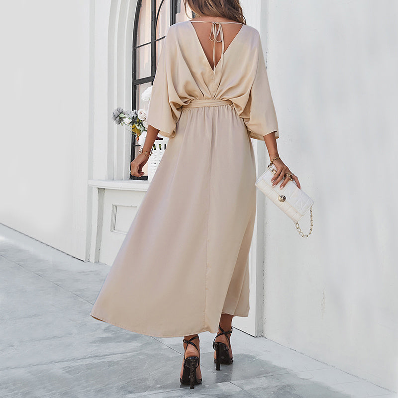 Fashion Bat Sleeve Long-sleeved V-neck Dress With Split Design Temperament Loose High Waist Lace-up Long Dresses Women Clothing chicpolly