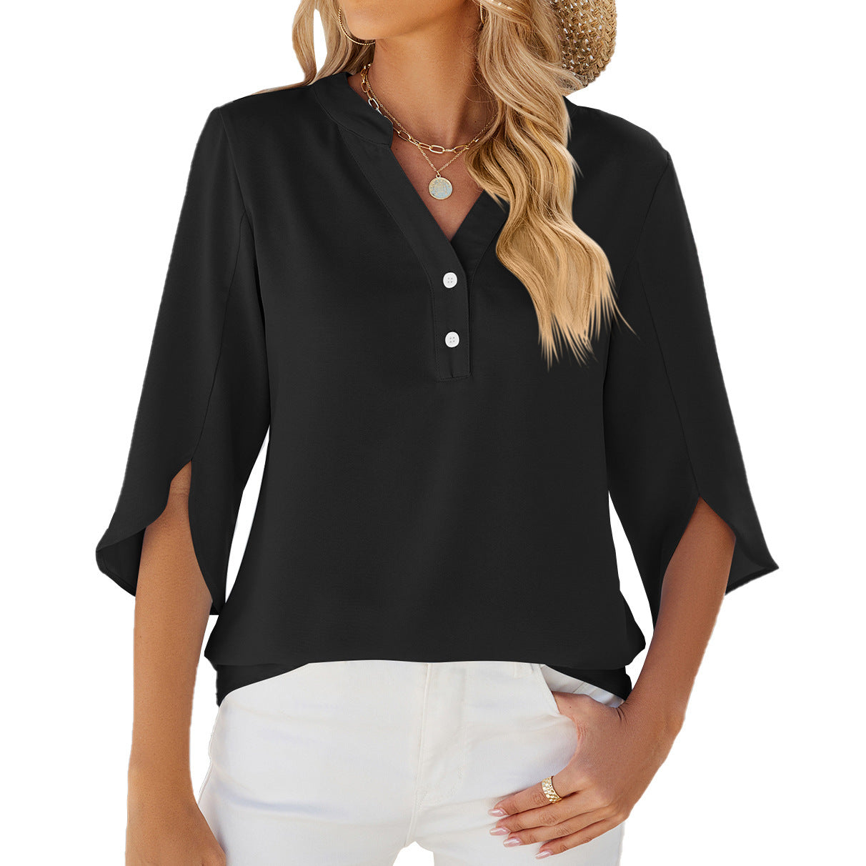 Button V-neck Mid-sleeve Chiffon Shirt Solid Color Top Womens Clothing chicpolly