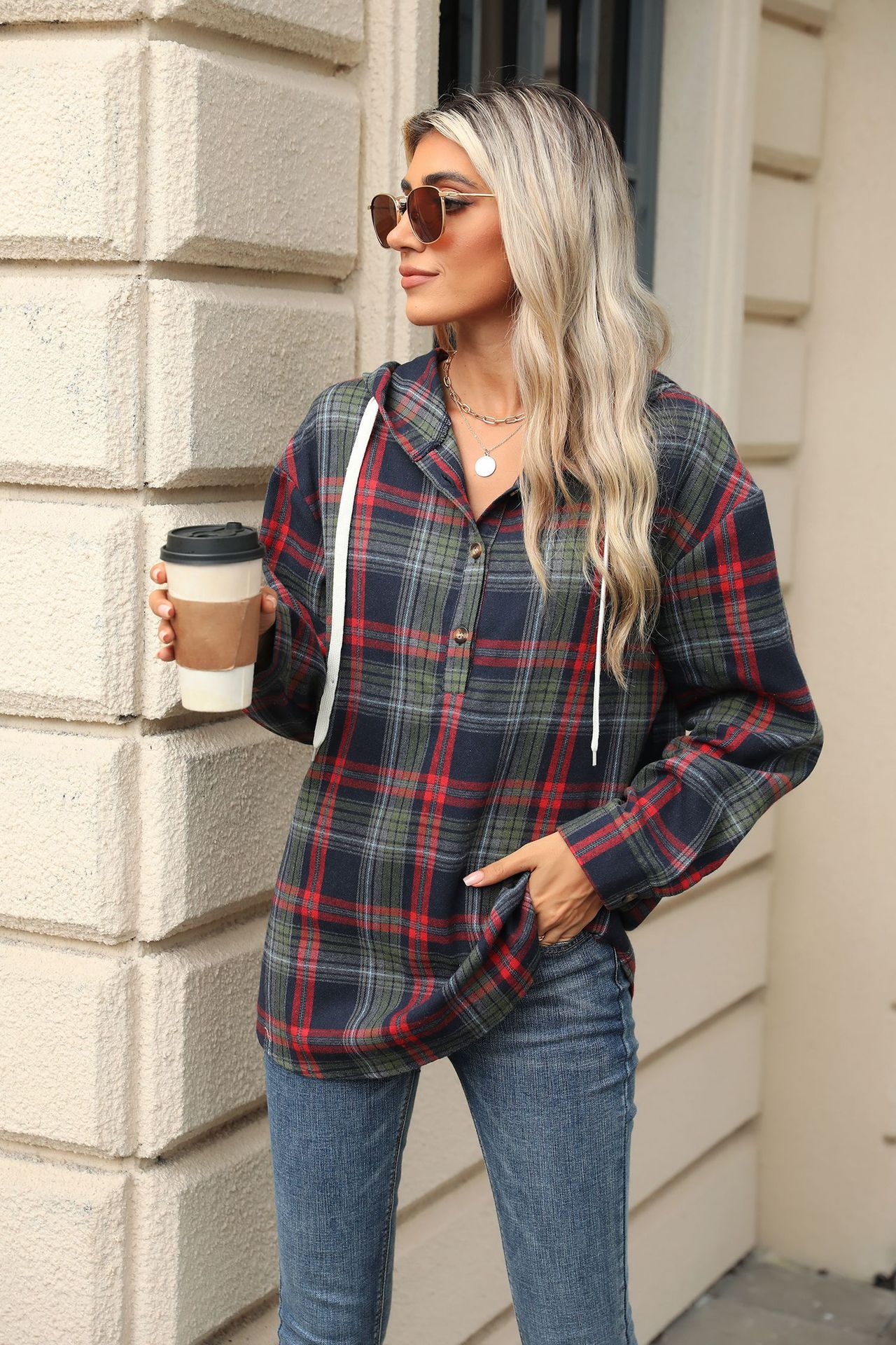 Fashion Plaid Hooded Sweatshirt With Button Loose Long Sleeve Hoodies chicpolly