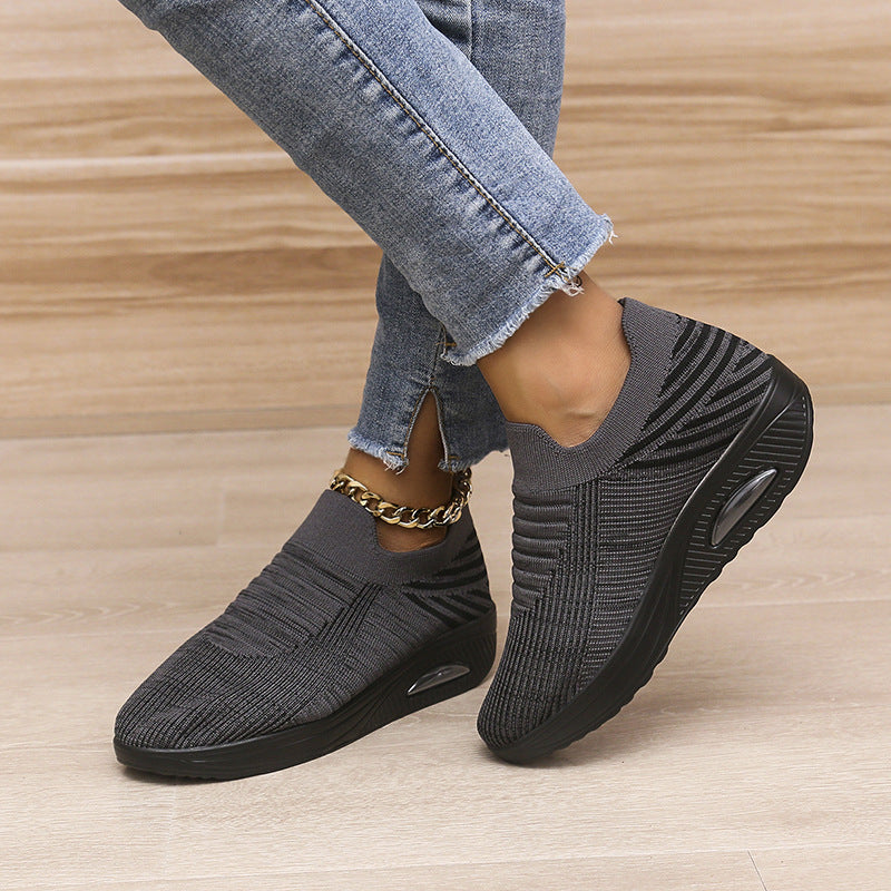 New Stripe Design Mesh Shoes Fashion Slip On Air Cushion Shoes Breathable Round-toe Flats Women chicpolly