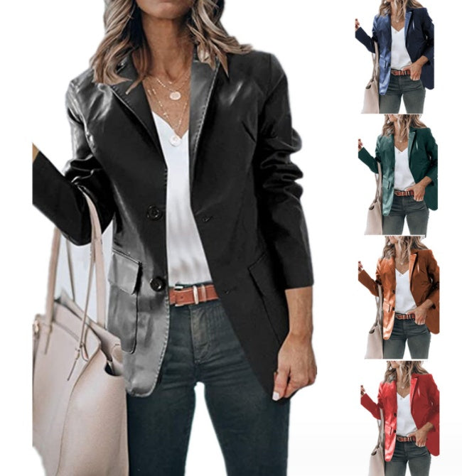 Lapel Single Breasted Solid Color PU Leather Women's Coat chicpolly