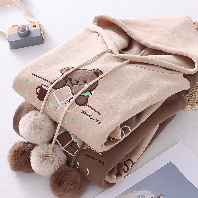 Japanese Mori Winter Fleece-lined Thickening Embroidery Painting Bear Hooded Pullover Women's Sweater chicpolly