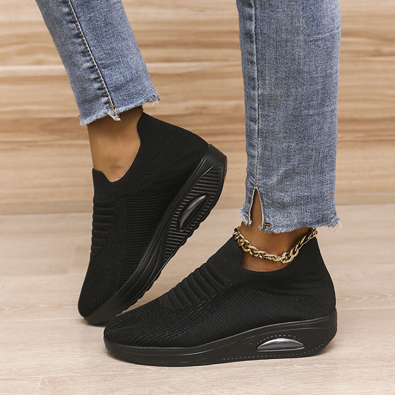 New Stripe Design Mesh Shoes Fashion Slip On Air Cushion Shoes Breathable Round-toe Flats Women chicpolly