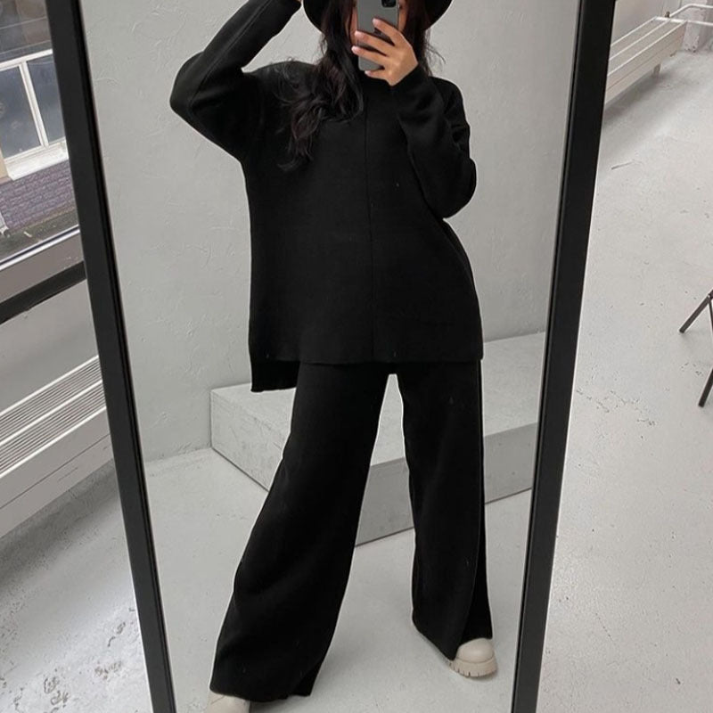 Long Sleeve Loose Casual Sweater Knit Top Trousers Set chicpolly