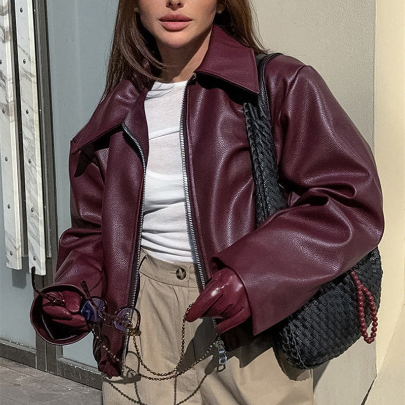 Solid Color Lapel Zipper Jacket Fashion Casual Long Sleeve Leather Coat Tops Women Clothing chicpolly