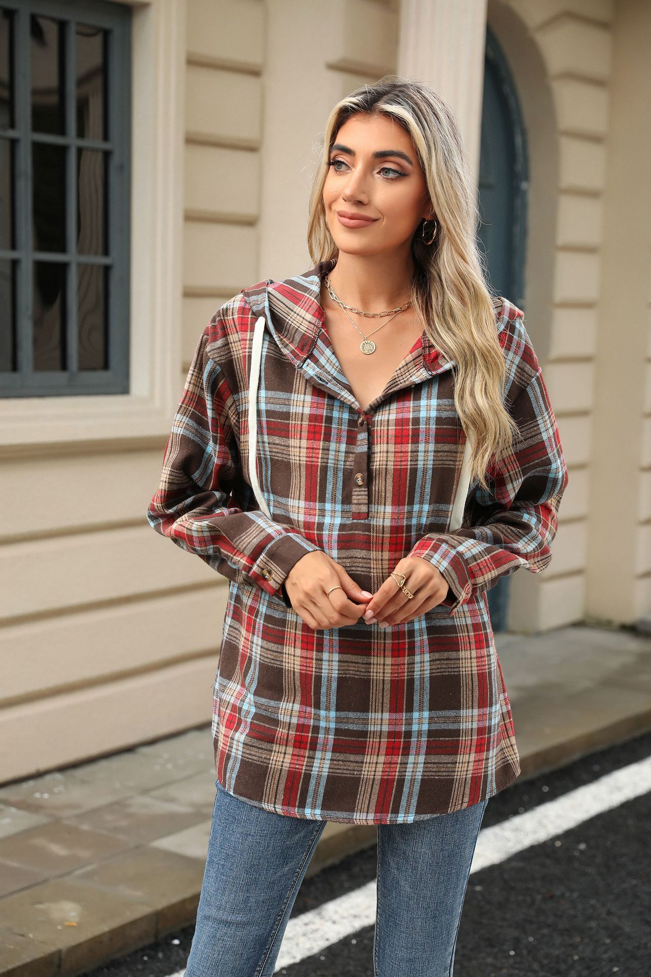 Fashion Plaid Hooded Sweatshirt With Button Loose Long Sleeve Hoodies chicpolly