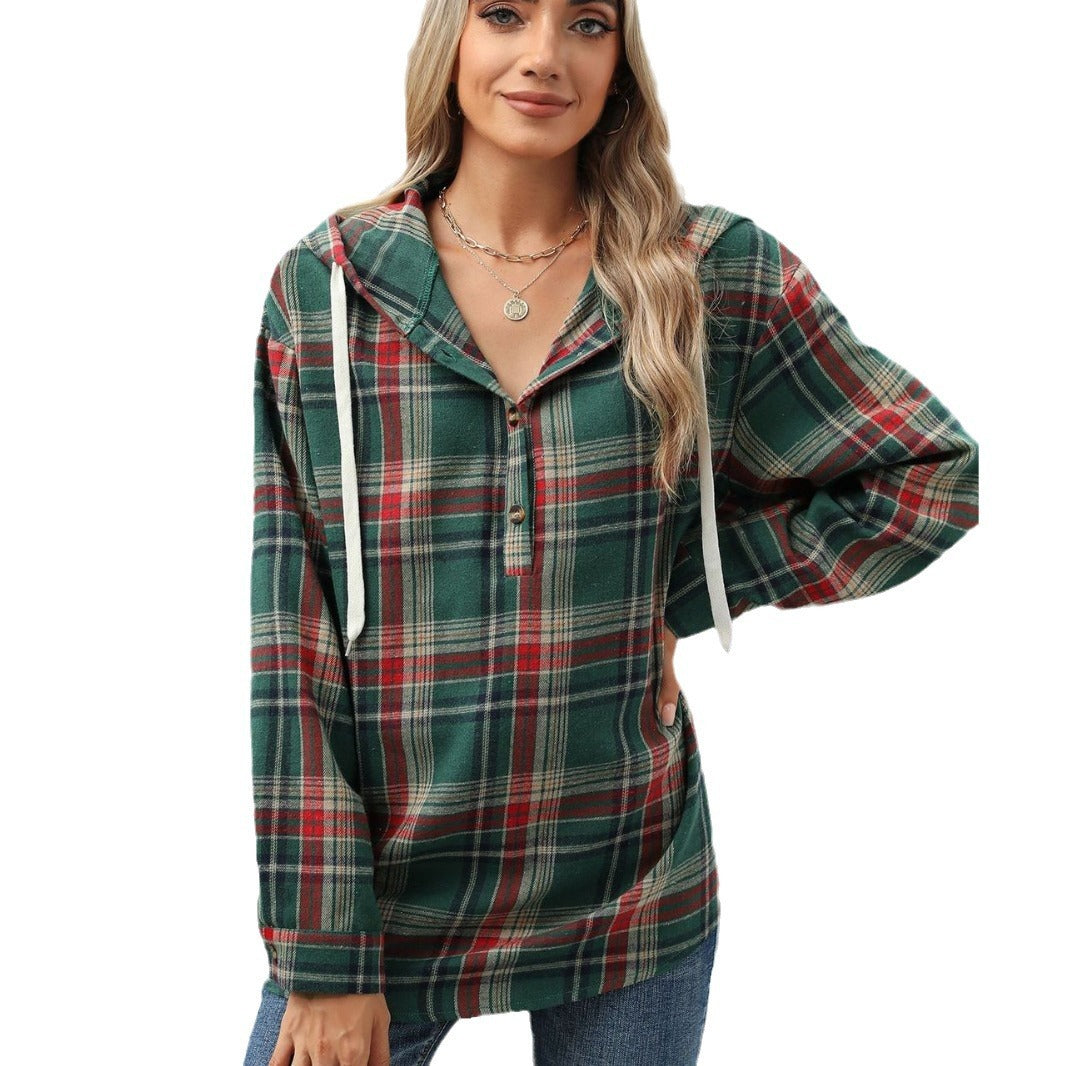 Fashion Plaid Hooded Sweatshirt With Button Loose Long Sleeve Hoodies chicpolly