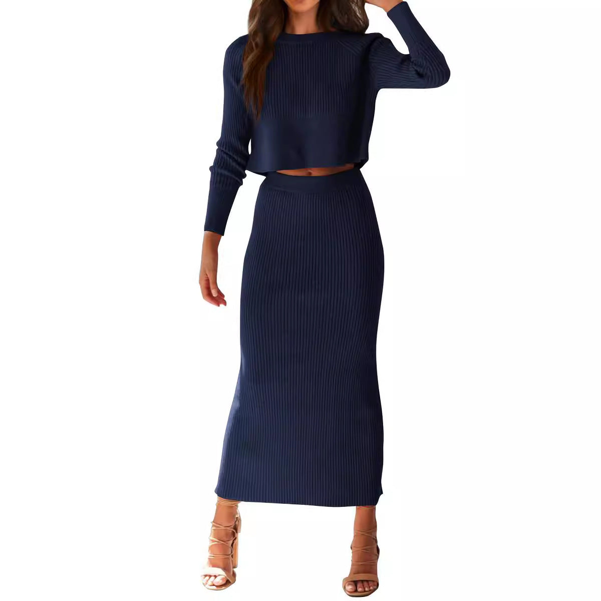 Bedford Cord Sweater Long Sleeve Narrow Tight Skirt Suit chicpolly