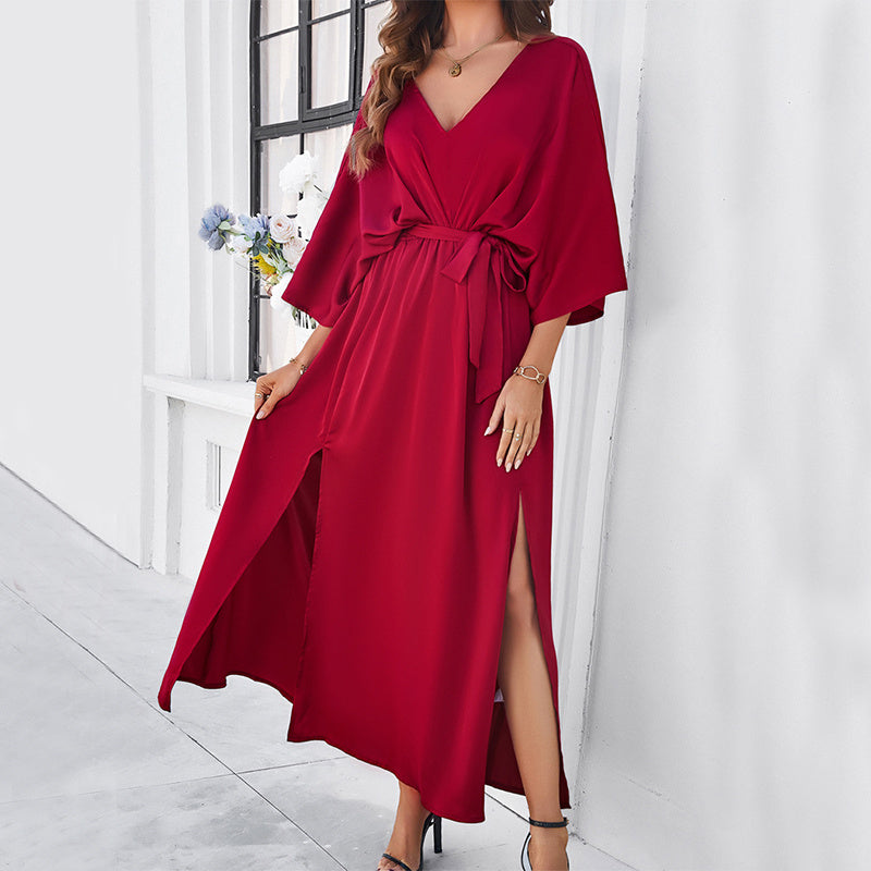 Fashion Bat Sleeve Long-sleeved V-neck Dress With Split Design Temperament Loose High Waist Lace-up Long Dresses Women Clothing chicpolly