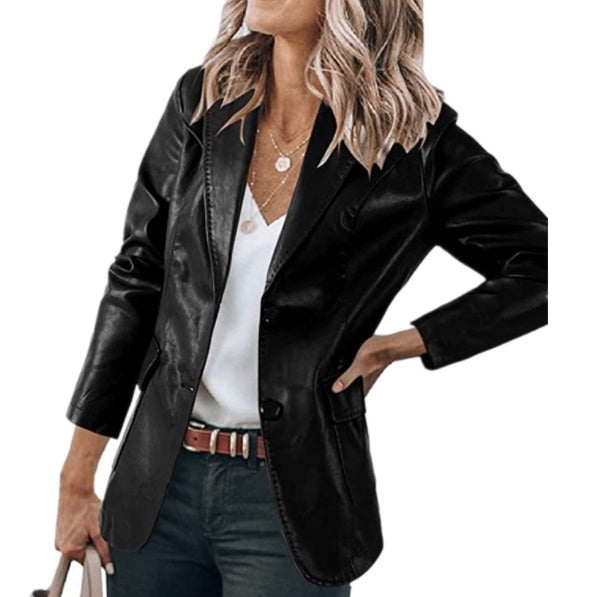 Lapel Single Breasted Solid Color PU Leather Women's Coat chicpolly