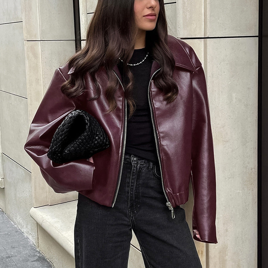 Solid Color Lapel Zipper Jacket Fashion Casual Long Sleeve Leather Coat Tops Women Clothing chicpolly