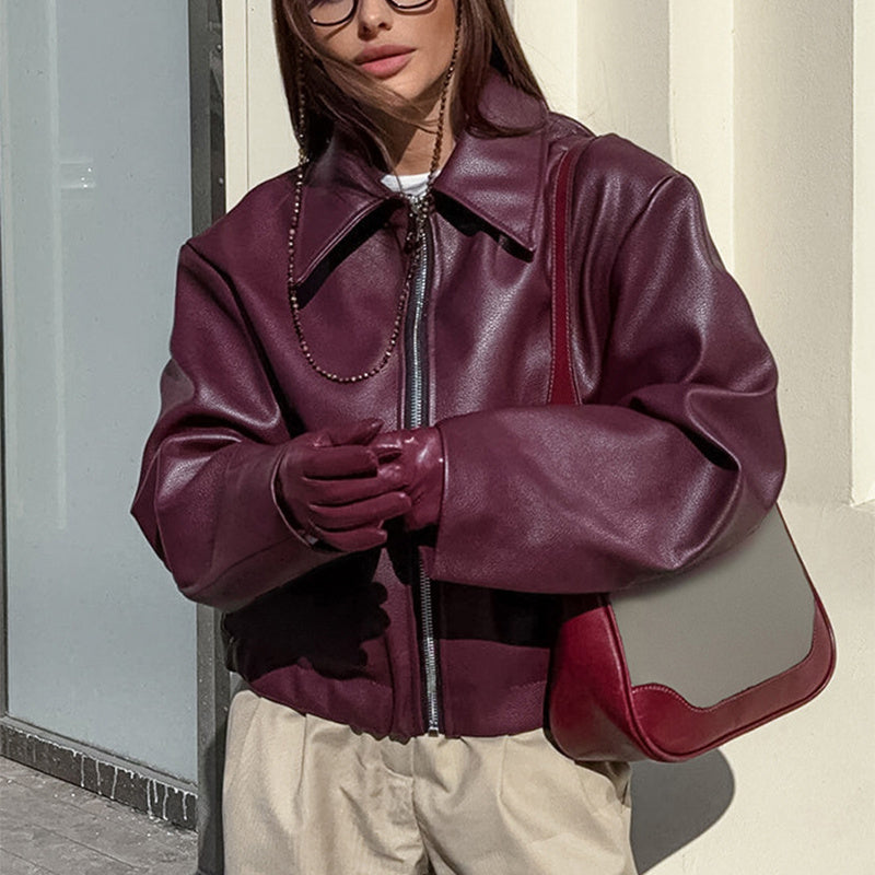 Solid Color Lapel Zipper Jacket Fashion Casual Long Sleeve Leather Coat Tops Women Clothing chicpolly