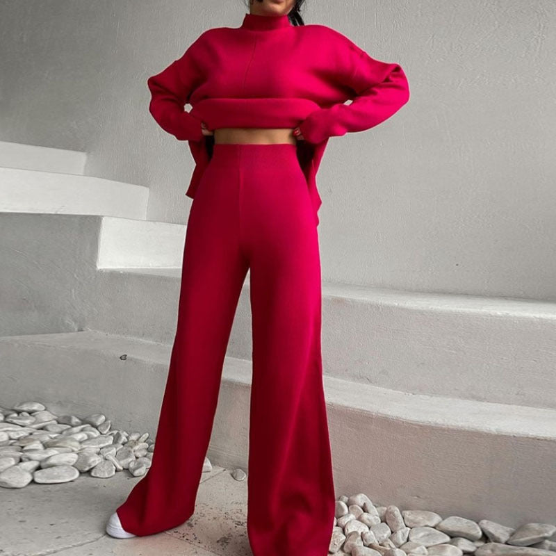 Long Sleeve Loose Casual Sweater Knit Top Trousers Set chicpolly
