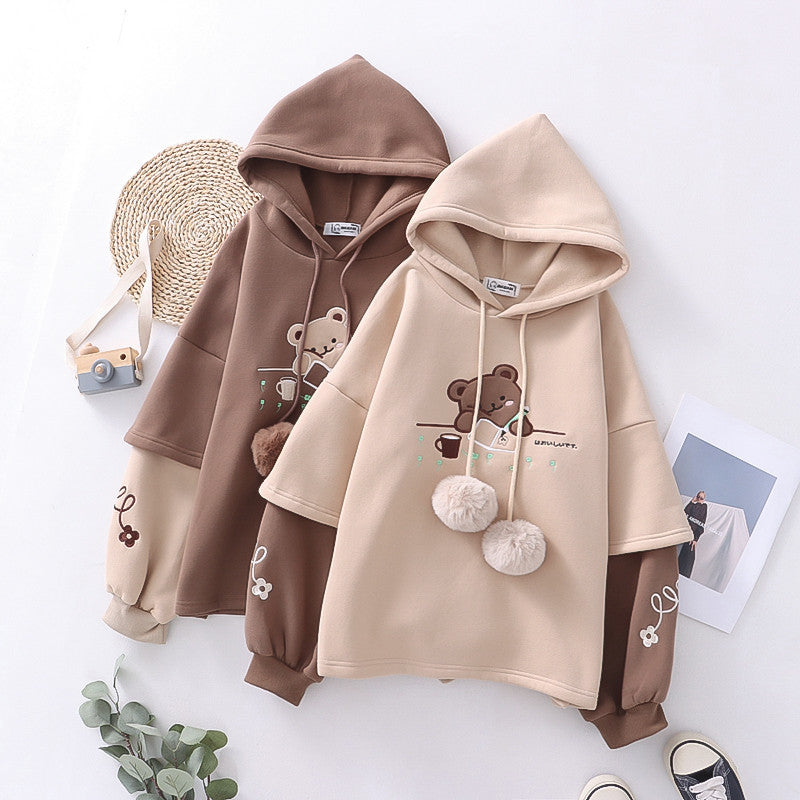 Japanese Mori Winter Fleece-lined Thickening Embroidery Painting Bear Hooded Pullover Women's Sweater chicpolly