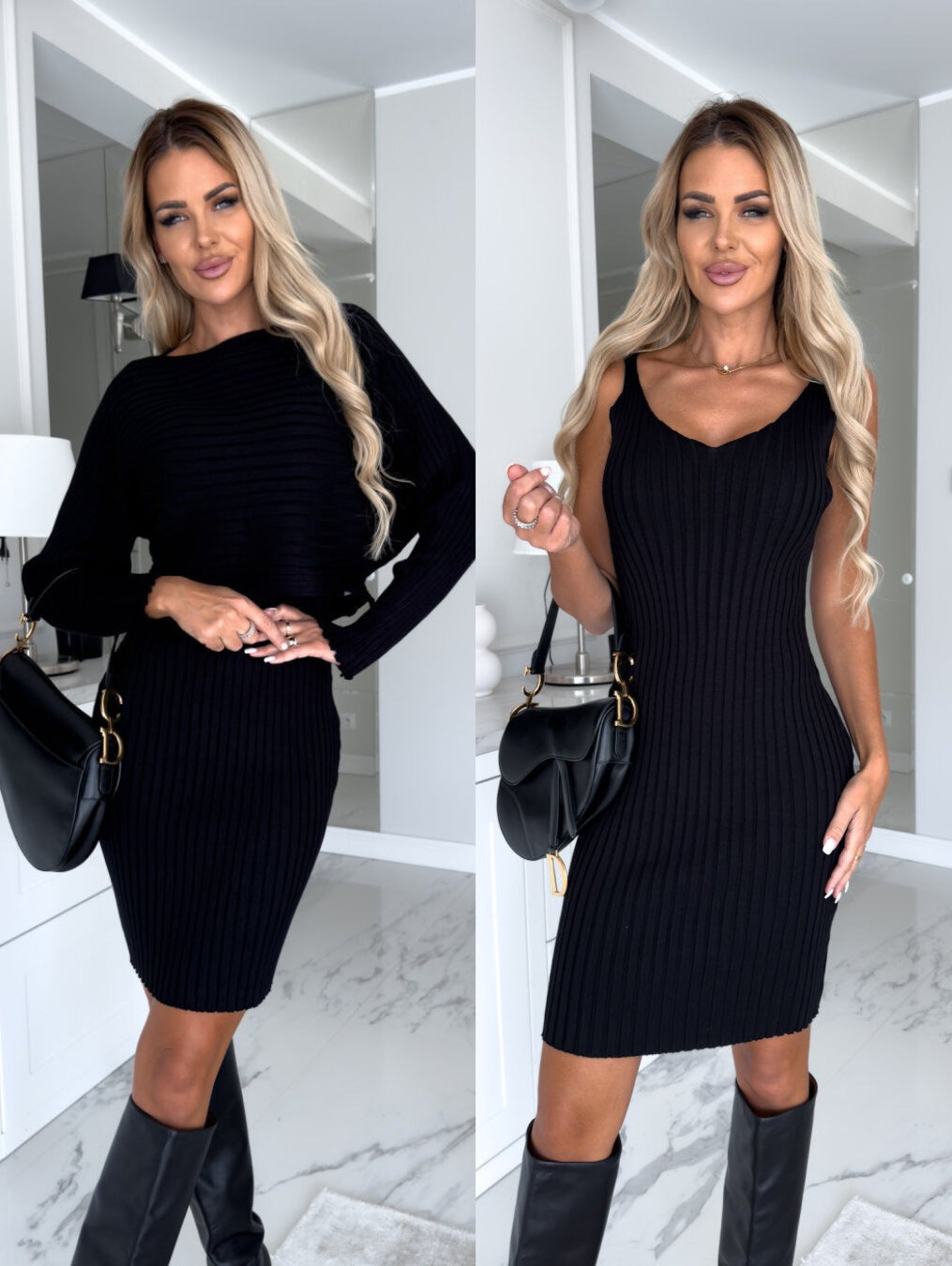 2pcs Suit Women's Solid Stripe Long-sleeved Top And Tight Suspender Skirt Fashion Autumn Winter Slim Clothing chicpolly