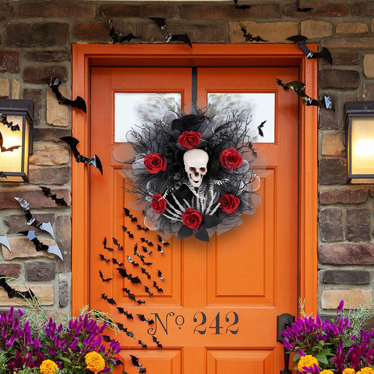 Halloween Red Rose Skull Mesh Garland Door Hanging Decoration chicpolly