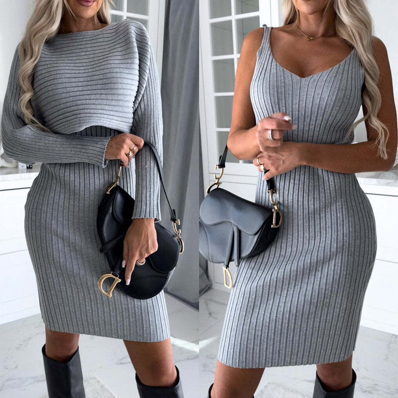 2pcs Suit Women's Solid Stripe Long-sleeved Top And Tight Suspender Skirt Fashion Autumn Winter Slim Clothing chicpolly
