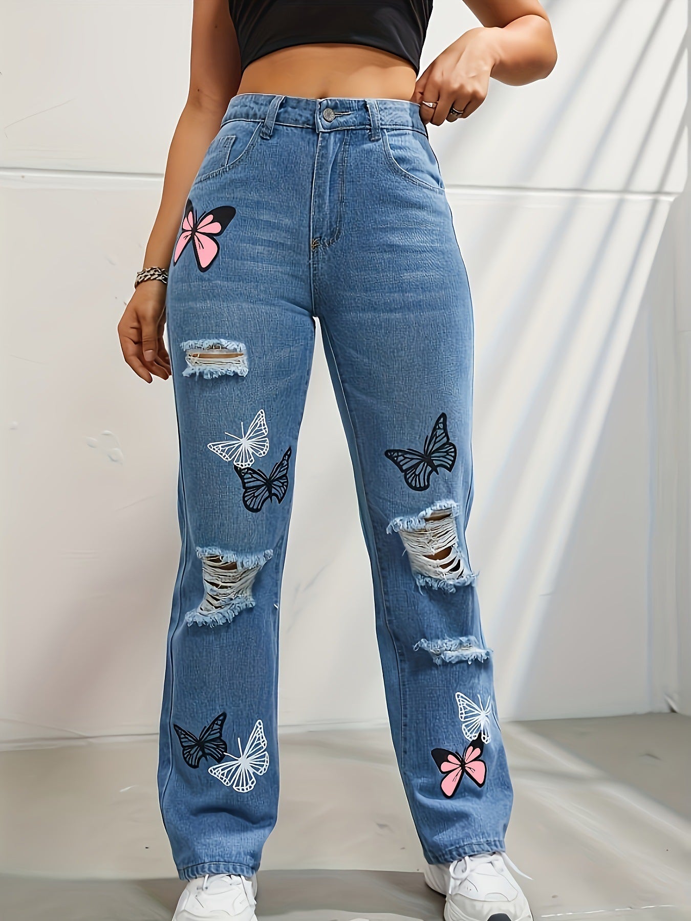 High Waisted Straight Leg Jeans For Women Trendy Butterfly Print Ripped Distressed Denim Pants chicpolly