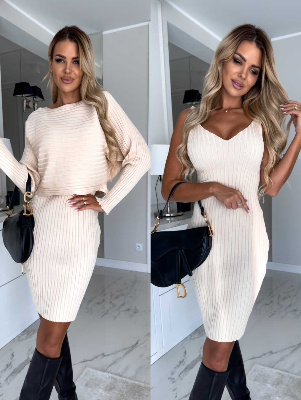 2pcs Suit Women's Solid Stripe Long-sleeved Top And Tight Suspender Skirt Fashion Autumn Winter Slim Clothing chicpolly