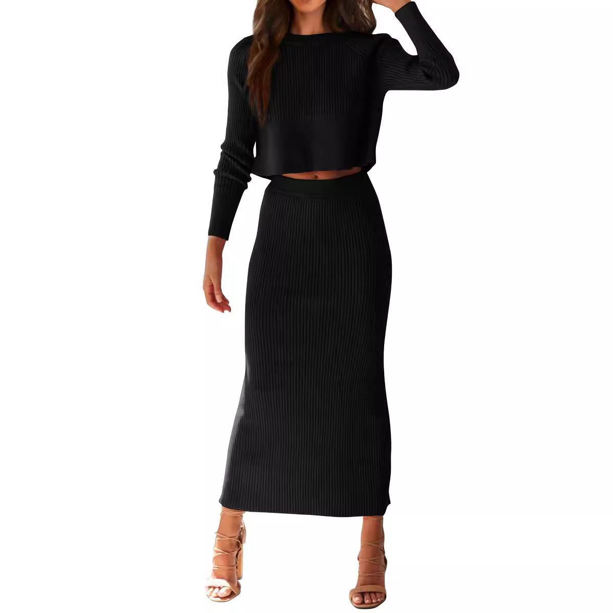 Bedford Cord Sweater Long Sleeve Narrow Tight Skirt Suit chicpolly
