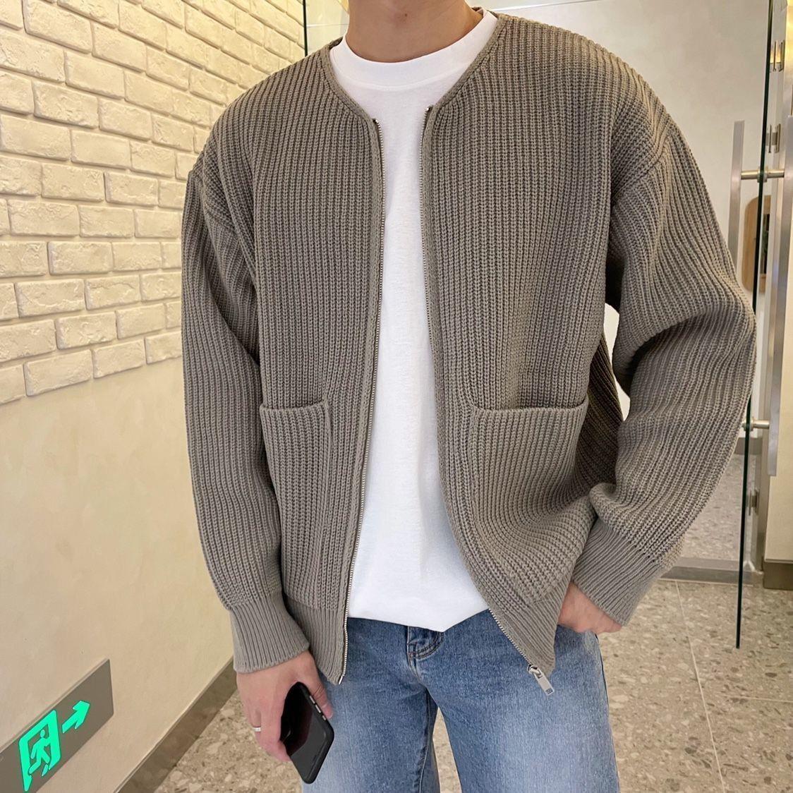 Men Zip Up Knitted Cardigan Lined Funnel Neck Jumper Sweater Pockets Coat All Seasons Comfortable Soft Long Sleeve chicpolly