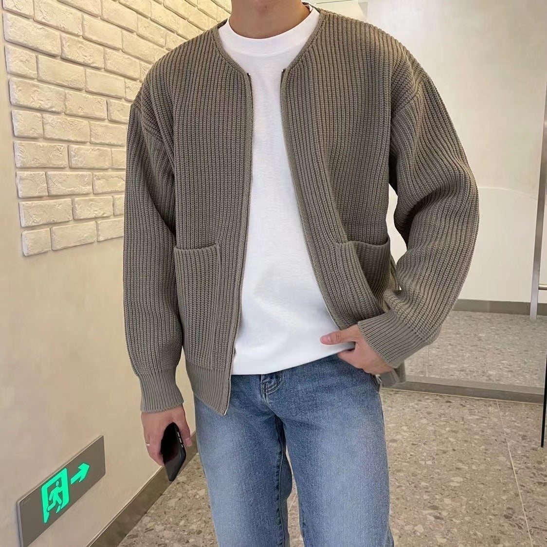 Men Zip Up Knitted Cardigan Lined Funnel Neck Jumper Sweater Pockets Coat All Seasons Comfortable Soft Long Sleeve chicpolly