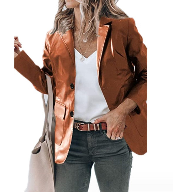 Lapel Single Breasted Solid Color PU Leather Women's Coat chicpolly