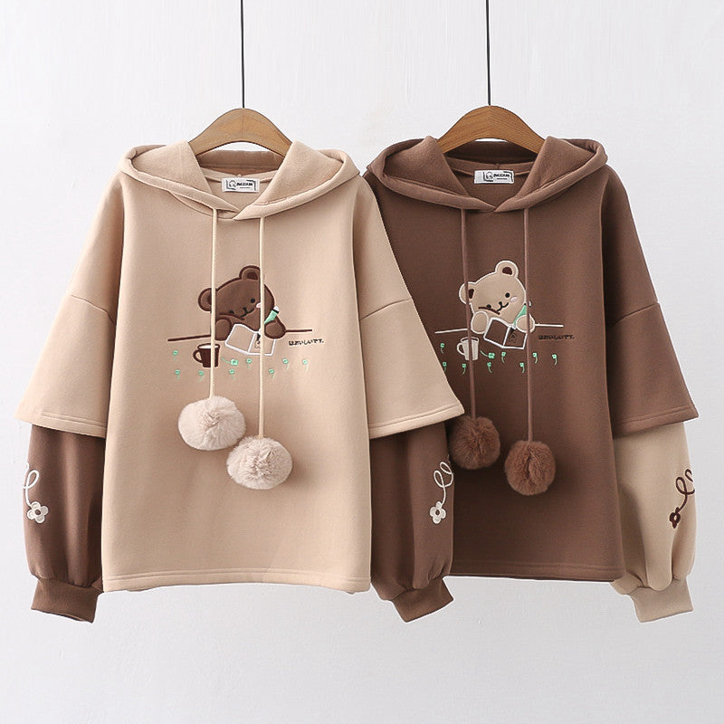 Japanese Mori Winter Fleece-lined Thickening Embroidery Painting Bear Hooded Pullover Women's Sweater chicpolly