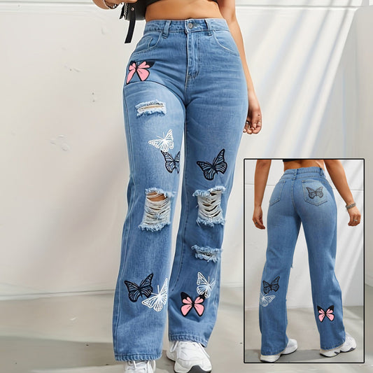 High Waisted Straight Leg Jeans For Women Trendy Butterfly Print Ripped Distressed Denim Pants chicpolly