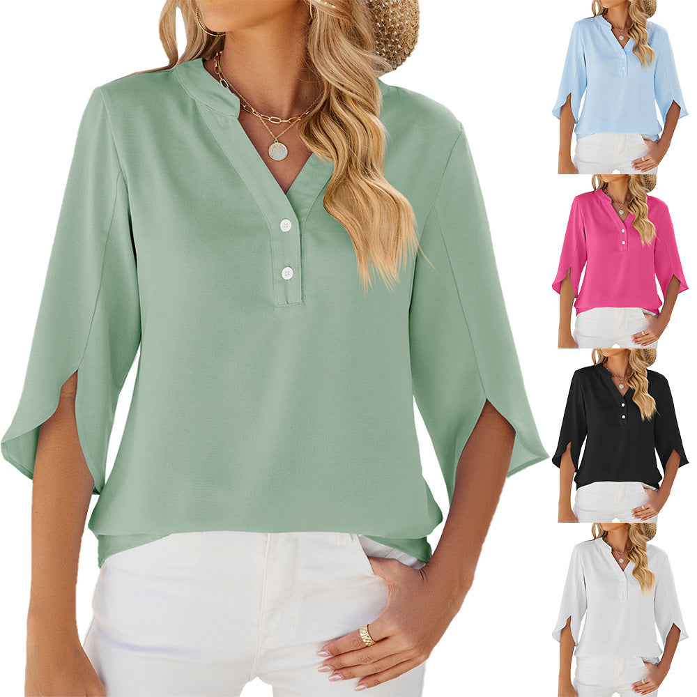 Button V-neck Mid-sleeve Chiffon Shirt Solid Color Top Womens Clothing chicpolly