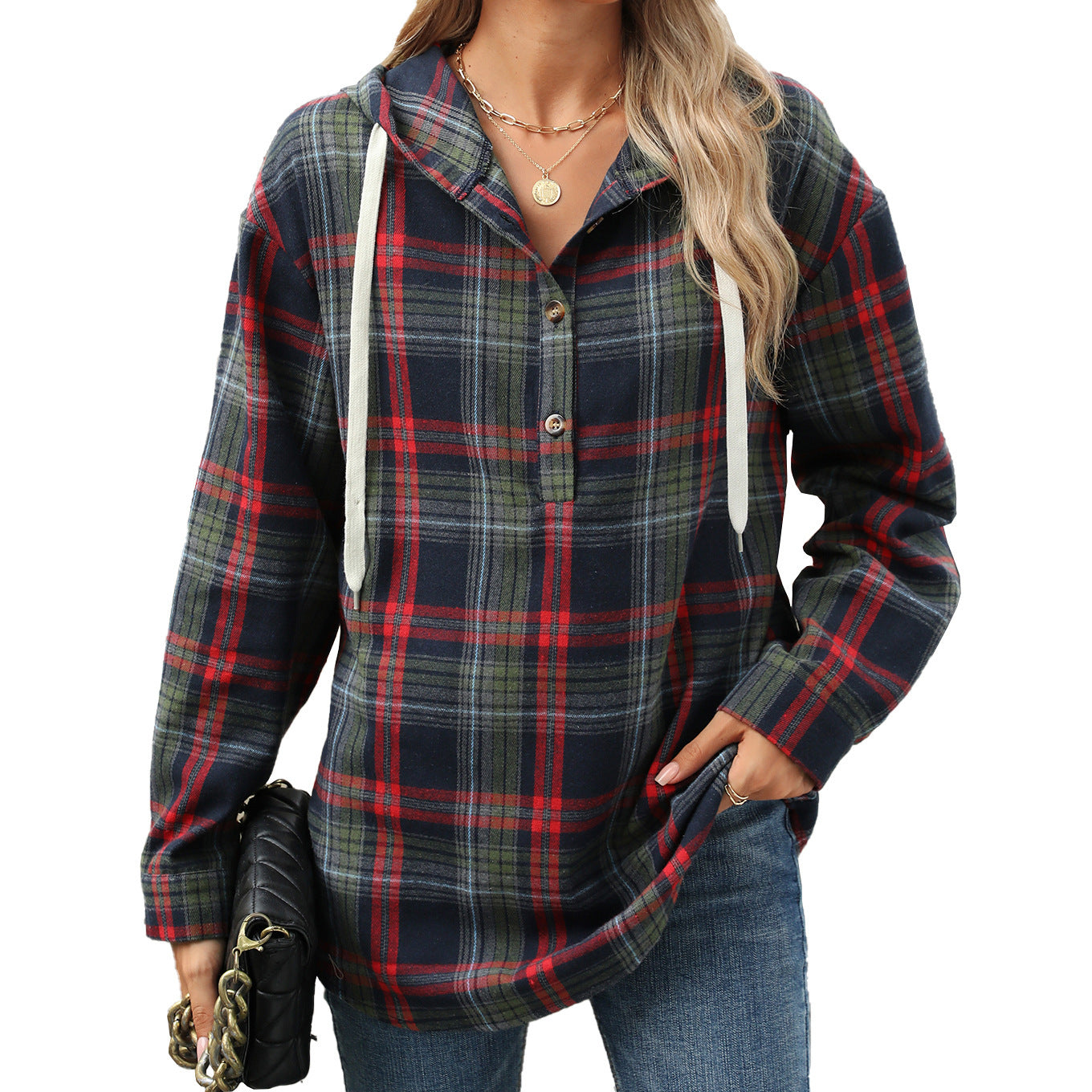 Fashion Plaid Hooded Sweatshirt With Button Loose Long Sleeve Hoodies chicpolly
